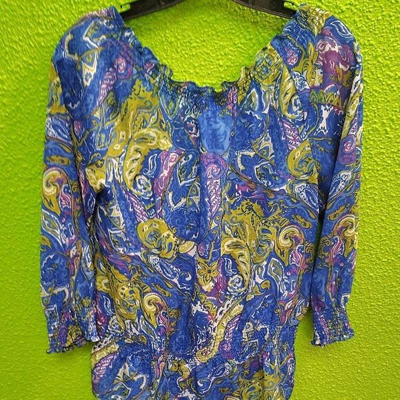 Jones New York Blue and Yellow Smocked 3/4 Sleeve Blouse - Picture 3 of 3